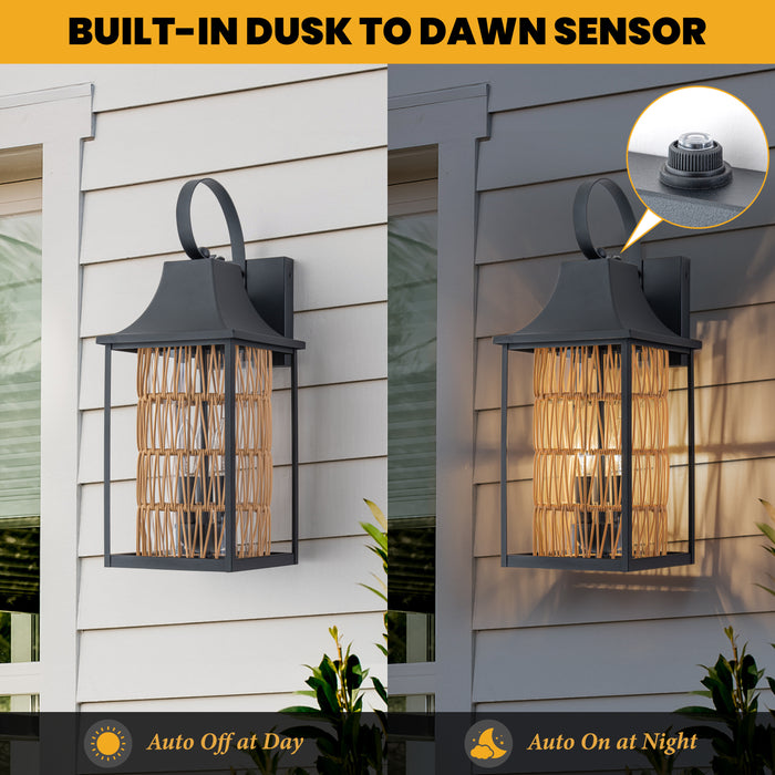 24.75in 3-Light Modern Farmhouse Dusk-to-Dawn Outdoor Wall Lantern with Hand-woven Rattan Shade