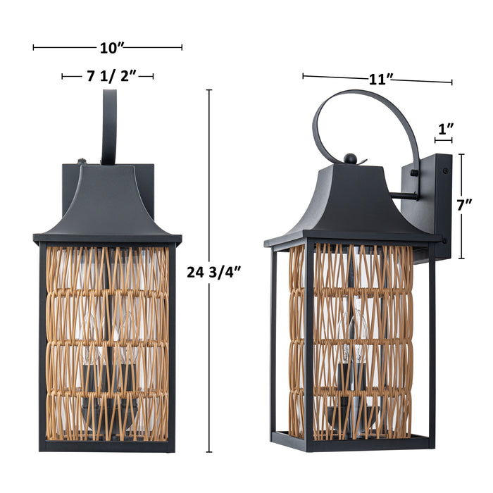 24.75in 3-Light Modern Farmhouse Dusk-to-Dawn Outdoor Wall Lantern with Hand-woven Rattan Shade