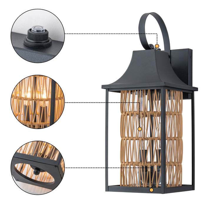 20.5in 2-Light Modern Farmhouse Dusk-to-Dawn Outdoor Wall Lantern with Hand-woven Rattan Shade