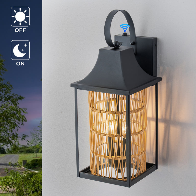 20.5in 2-Light Modern Farmhouse Dusk-to-Dawn Outdoor Wall Lantern with Hand-woven Rattan Shade