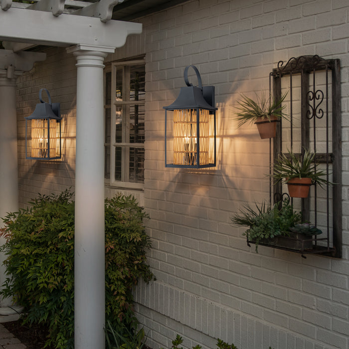 20.5in 2-Light Modern Farmhouse Dusk-to-Dawn Outdoor Wall Lantern with Hand-woven Rattan Shade