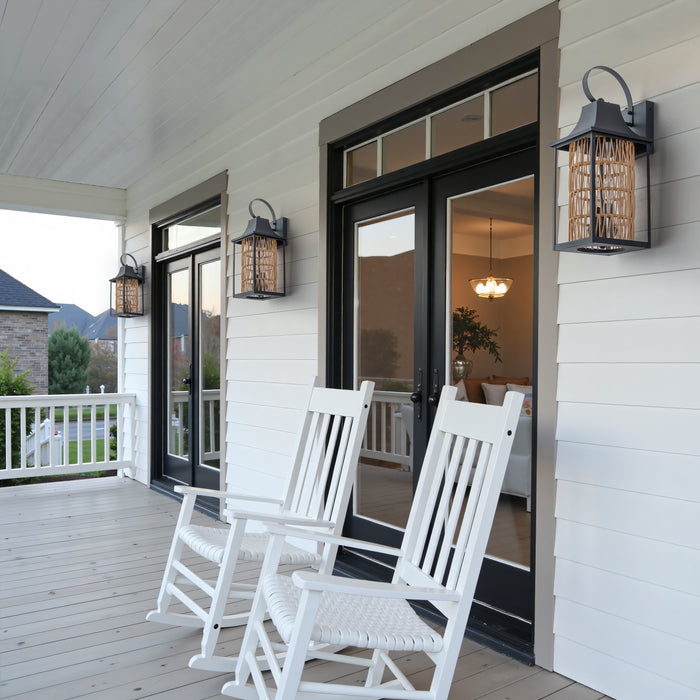 20.5in 2-Light Modern Farmhouse Dusk-to-Dawn Outdoor Wall Lantern with Hand-woven Rattan Shade