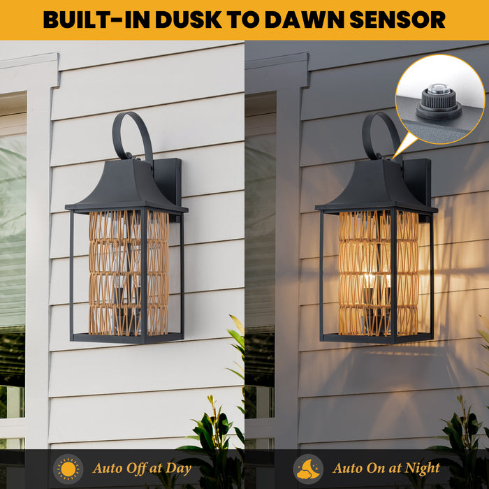 20.5in 2-Light Modern Farmhouse Dusk-to-Dawn Outdoor Wall Lantern with Hand-woven Rattan Shade