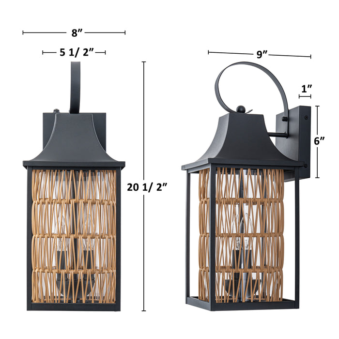 20.5in 2-Light Modern Farmhouse Dusk-to-Dawn Outdoor Wall Lantern with Hand-woven Rattan Shade