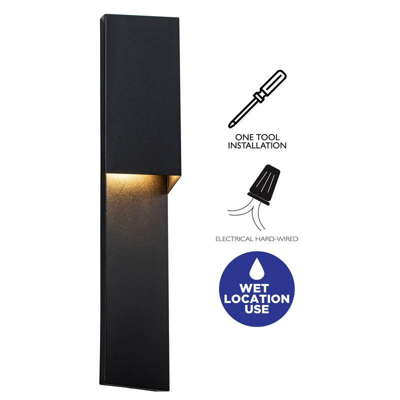 18 in. Matte Black Integrated LED Outdoor Wall Sconce, Modern Waterproof Exterior Wall Light, 3000K Warm White, Dimmable