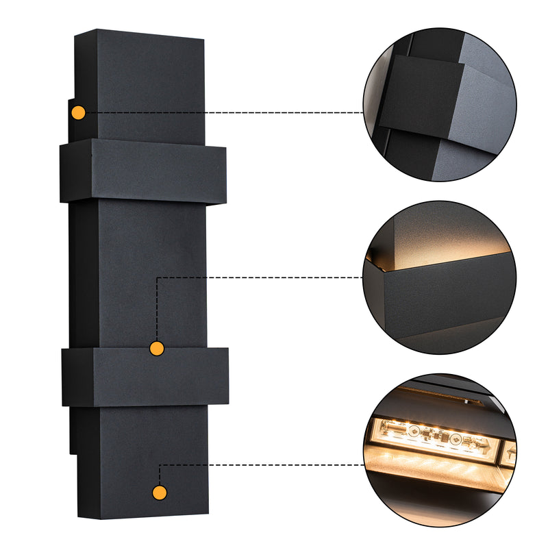 18 in. Matte Black Integrated LED Outdoor Wall Sconce, Modern Up and Down Outdoor Wall Light, 3000K Warm White, Dimmable