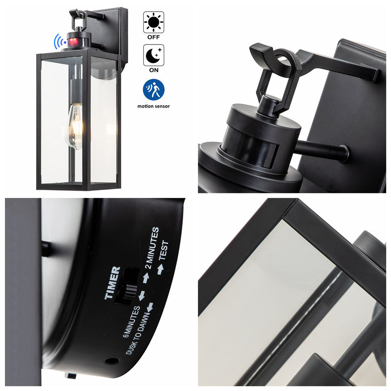Matte Black Motion Sensing Dusk to Dawn Hardwired Outdoor Wall Lantern Sconce with Adjustable Sensitivity and Timer