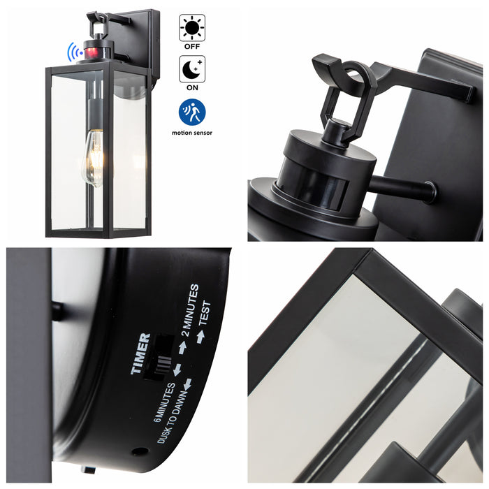 Matte Black Motion Sensing Dusk to Dawn Hardwired Outdoor Wall Lantern Sconce with Adjustable Sensitivity and Timer