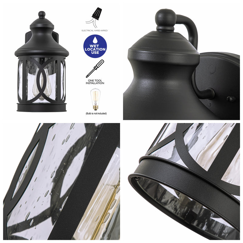1-Light Matte Black Outdoor Wall Sconce with Seeded Glass Shade