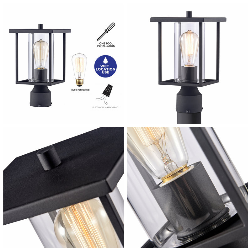 Black 1-light 7" Clear Glass Outdoor Post Lantern