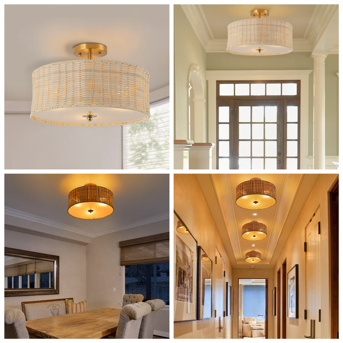 3-Light Woven Rattan Semi-Flush Mount Ceiling Light