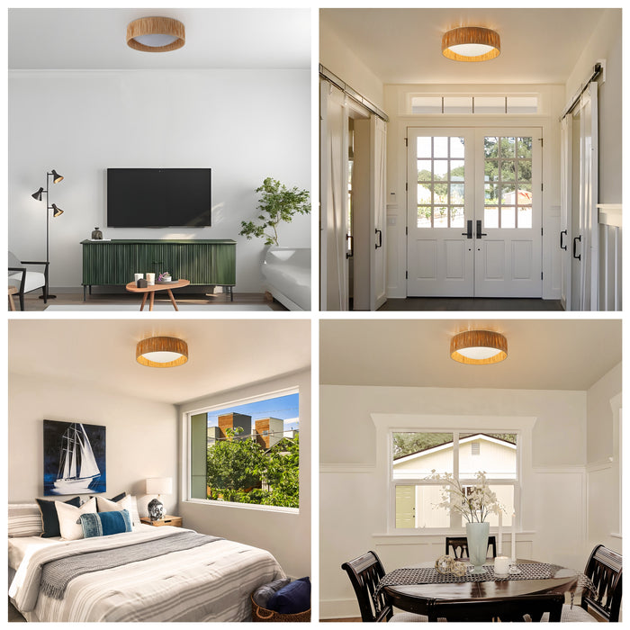 14.25” Farmhouse 3CCT LED Flush Mount Ceiling Light with Paper Rope Shade