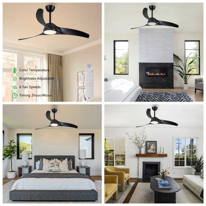 52in. 3-Blades Black Dimmable Changeable 3000K/4000K/5000K LED Ceiling Fan with Remote Control