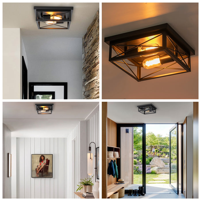 2-Light Black Square Flush Mount Ceiling Light with Turnable Light Cap(2-Pack)