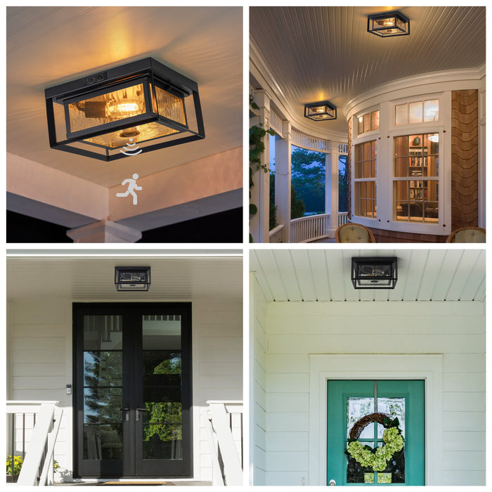 2-Light Motion Sensor Dusk to Dawn Outdoor Flush Mount Ceiling Light with Clear Water Glass Shade (1-Pack)