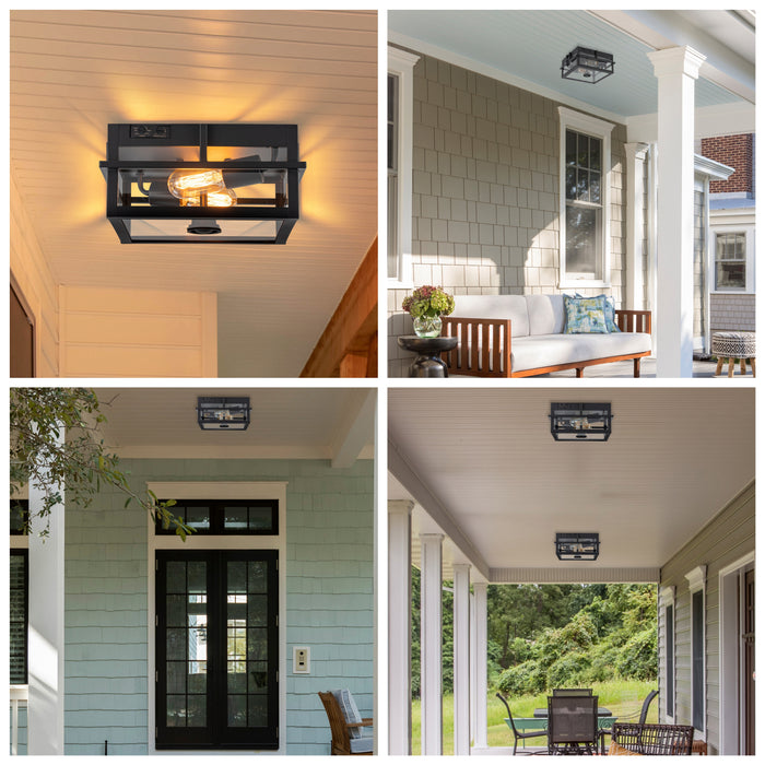 2-Light Black Motion Sensing Dusk to Dawn Outdoor Flush Mount Ceiling Light