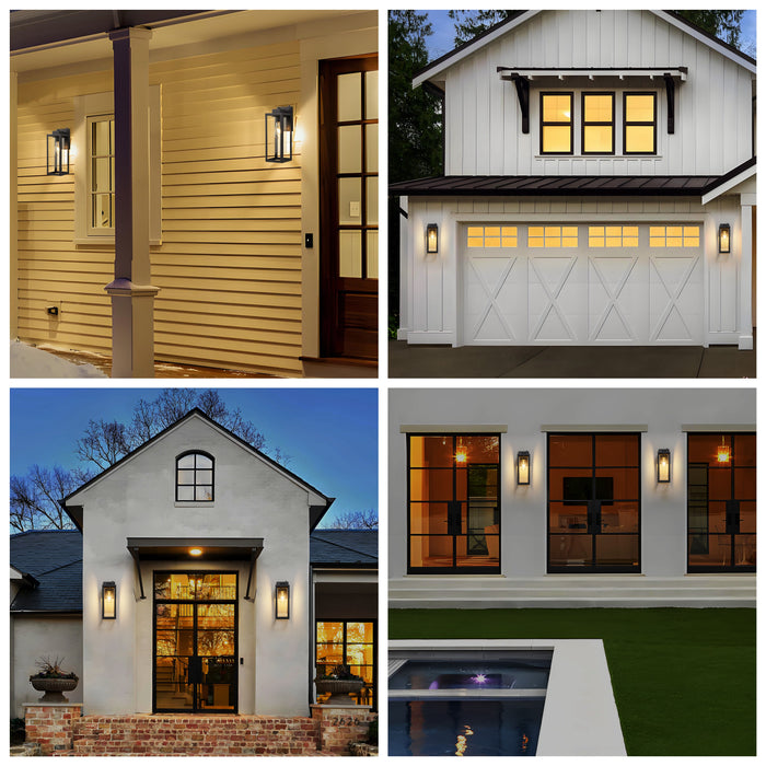 14 in. 1-Light Matte Black Dusk to Dawn Outdoor Wall Lantern Sconce with Cylinder Clear Glass Shade (2-Pack)