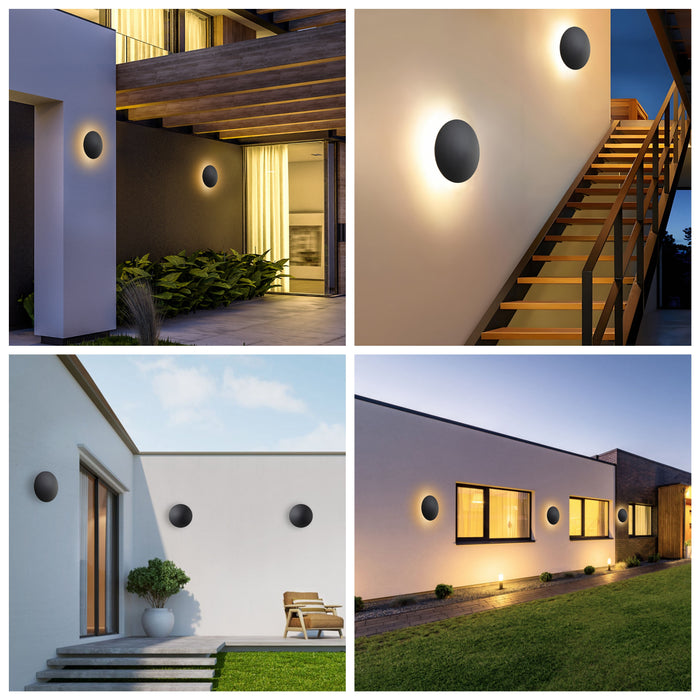 2-pack 10 in. and 8in. Black Aluminum Round Disc LED Indoor Outdoor Wall Lantern Sconce