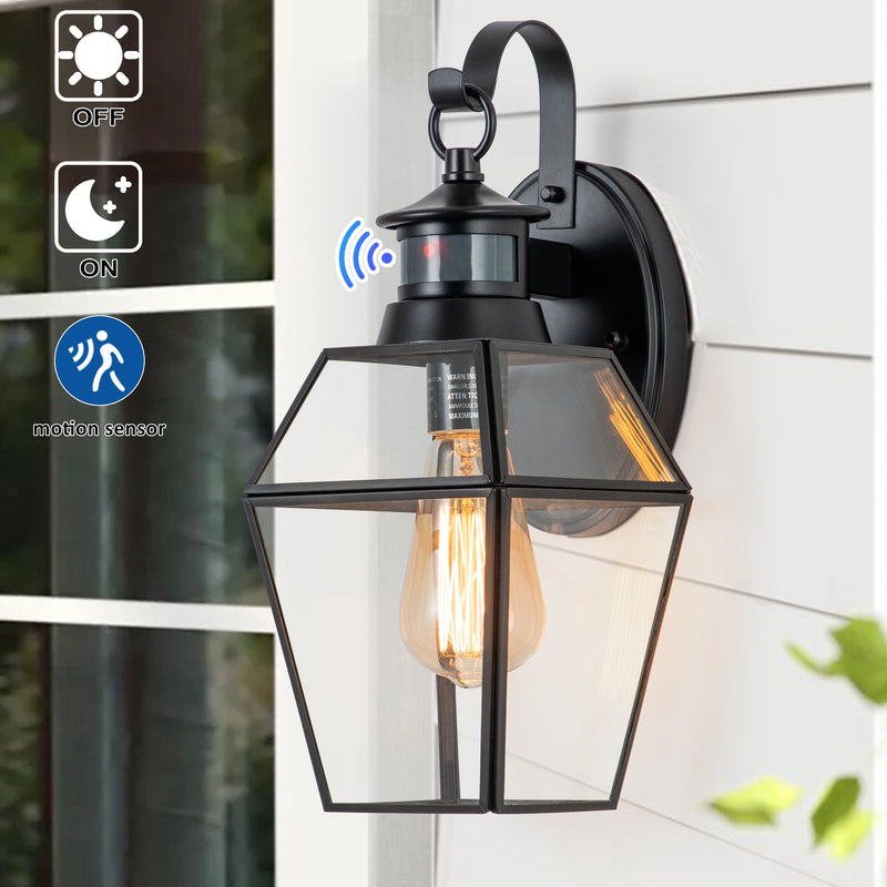 1-Light Black Metal and Brass Motion Sensing Dusk to Dawn Outdoor Wall Lantern with Clear Tempered Glass Panes