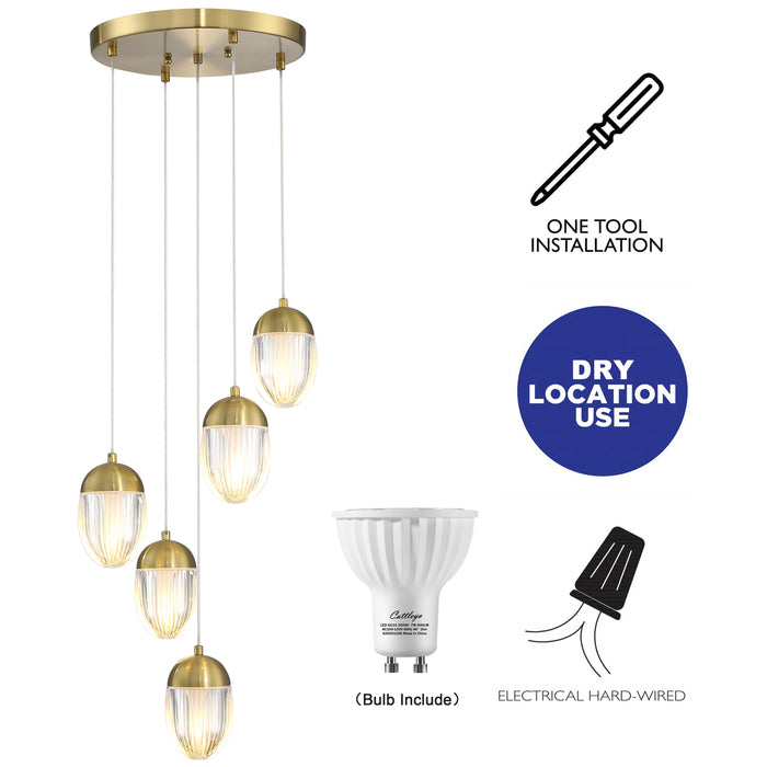 5-Light Sleek Brass Finish Metal and Aluminum Cluster Pendant Light with GU10 Bulb and Acrylic Shade