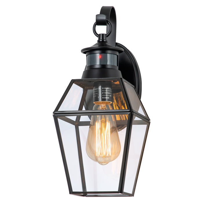 1-Light Black Metal and Brass Motion Sensing Dusk to Dawn Outdoor Wall Lantern with Clear Tempered Glass Panes