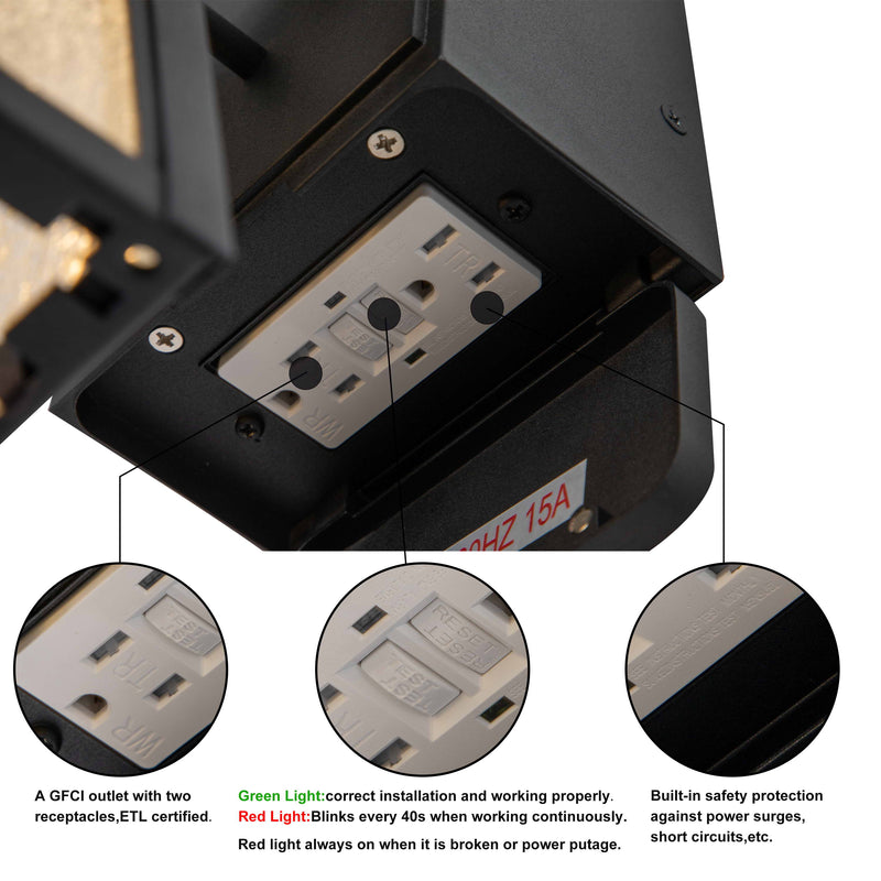 1-Light Matte Black Aluminum Outdoor Wall Lantern Sconce with Seeded Glass and Built-In GFCI Outlets