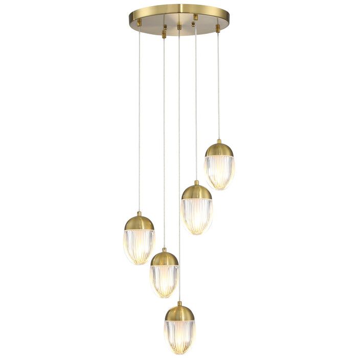 5-Light Sleek Brass Finish Metal and Aluminum Cluster Pendant Light with GU10 Bulb and Acrylic Shade