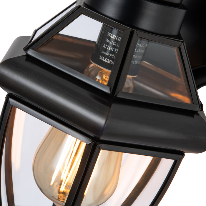 1-Light Black Finisih Metal and Brass Motion Sensing Dusk to Dawn Outdoor Wall Lantern with Tempered Clear Glass Shade