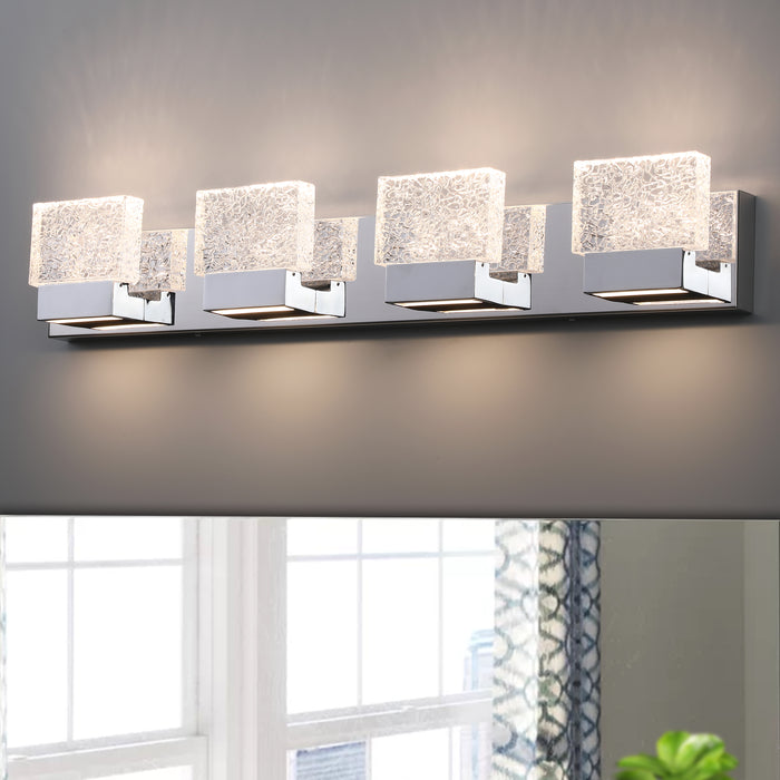 4-Light Brushed Nickel Stainless Steel LED Vanity Light with Clear Ice-like Brick Glass Shades