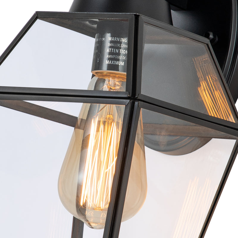 1-Light Black Metal and Brass Motion Sensing Dusk to Dawn Outdoor Wall Lantern with Clear Tempered Glass Panes