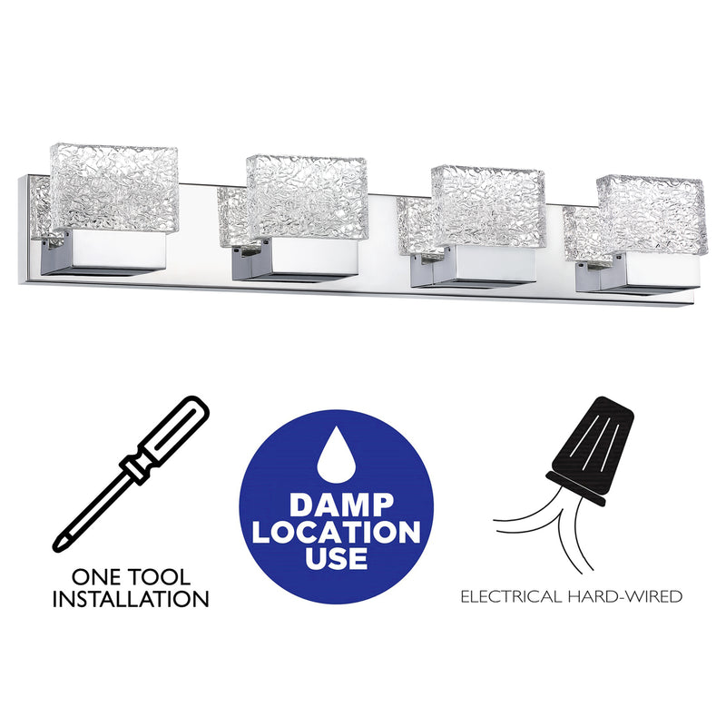 4-Light Brushed Nickel Stainless Steel LED Vanity Light with Clear Ice-like Brick Glass Shades