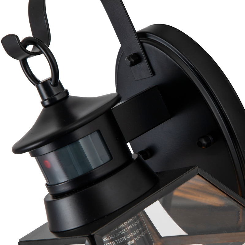 1-Light Black Metal and Brass Motion Sensing Dusk to Dawn Outdoor Wall Lantern with Clear Tempered Glass Panes