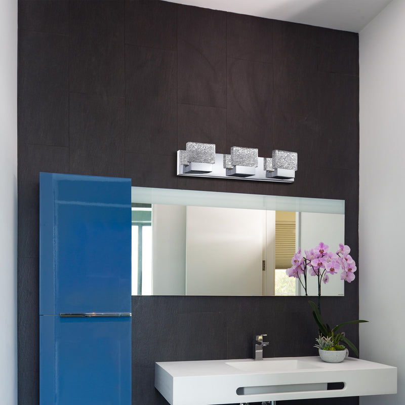 3-Light Brushed Nickel Stainless Steel LED Vanity Light with Clear Ice-like Brick Glass Shades