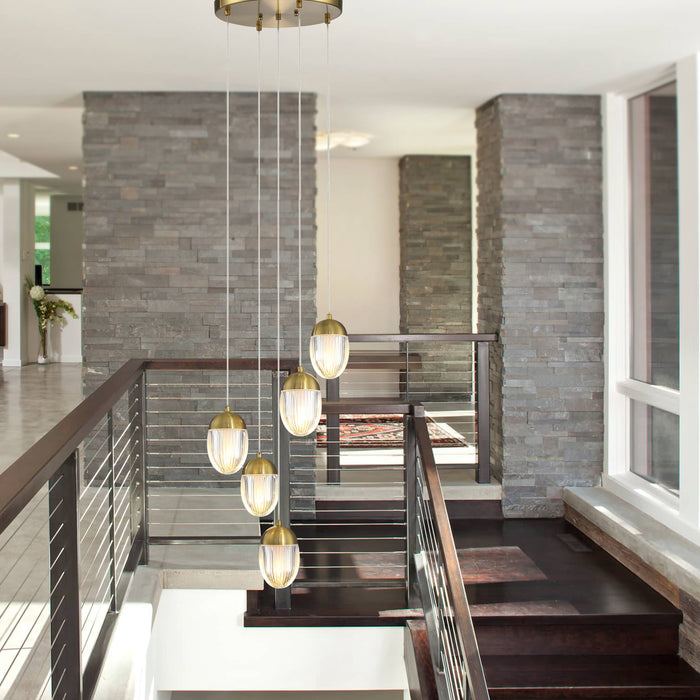 5-Light Sleek Brass Finish Metal and Aluminum Cluster Pendant Light with GU10 Bulb and Acrylic Shade
