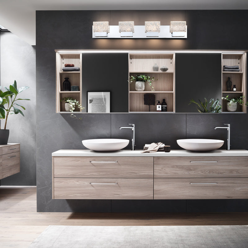 4-Light Brushed Nickel Stainless Steel LED Vanity Light with Clear Ice-like Brick Glass Shades