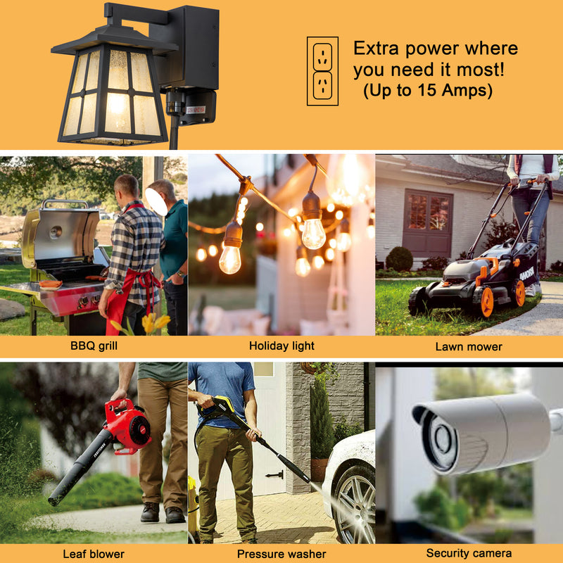 1-Light Matte Black Aluminum Outdoor Wall Lantern Sconce with Seeded Glass and Built-In GFCI Outlets