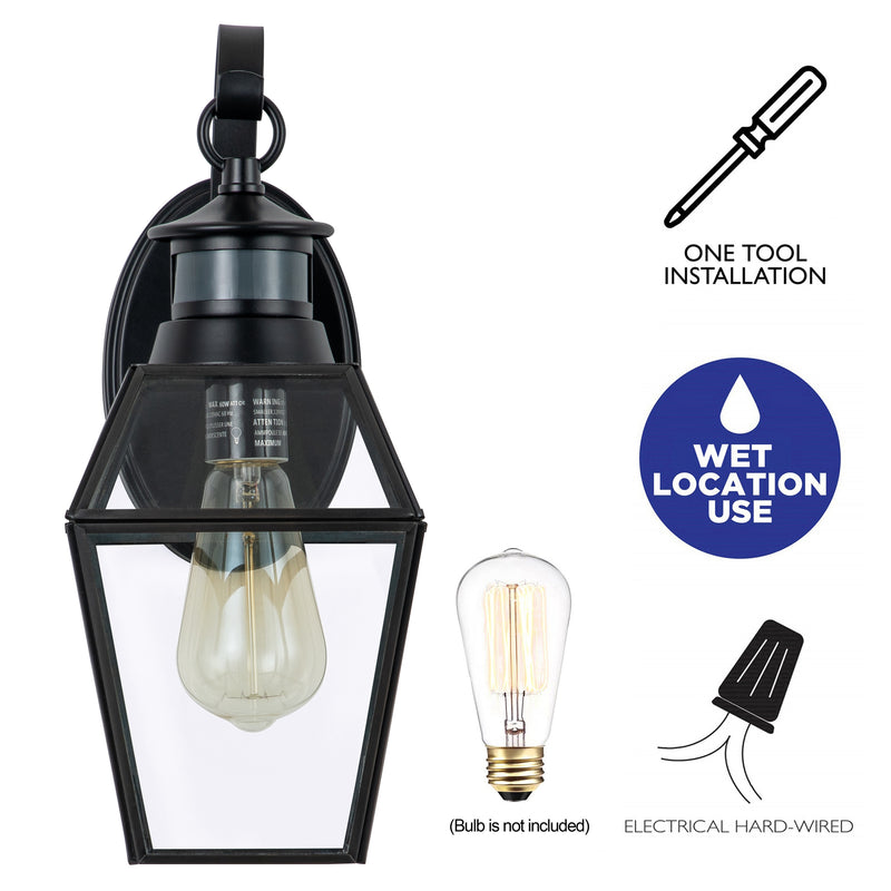 1-Light Black Metal and Brass Motion Sensing Dusk to Dawn Outdoor Wall Lantern with Clear Tempered Glass Panes