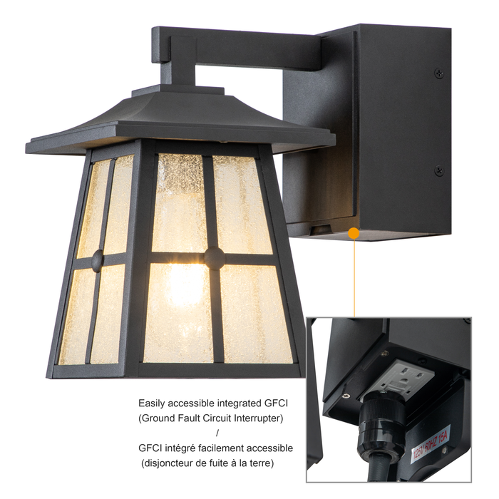 1-Light Matte Black Aluminum Outdoor Wall Lantern Sconce with Seeded Glass and Built-In GFCI Outlets