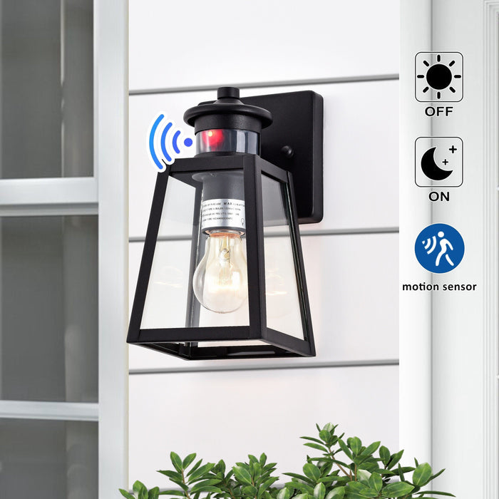 Cattleya Lighting Motion Sensor Outdoor Wall Sconce 1-Light Black Motion Sensor Dusk To Dawn Outdoor Wall Lantern Sconce With Clear Tempered Glass 708111932325