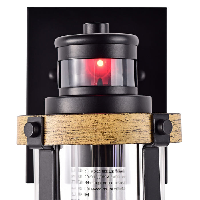 cattleyalighting 1-Light Black and Woodgrain Motion Sensor Dusk To Dawn Outdoor Wall Sconce With Striped Clear Glass