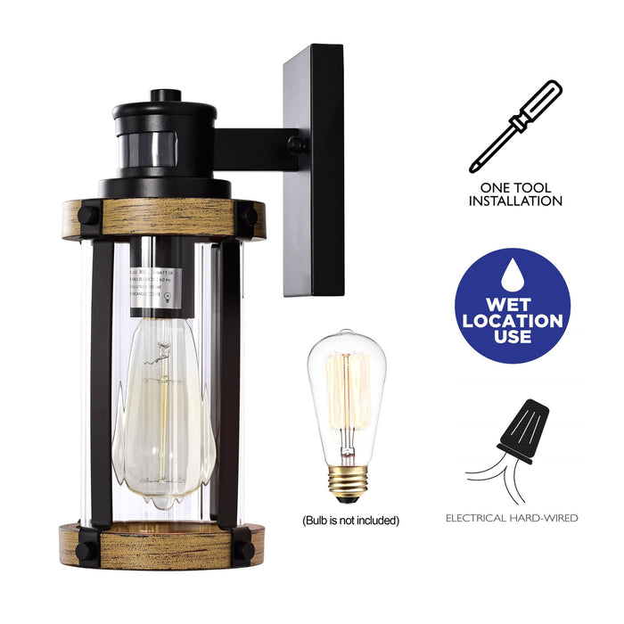 cattleyalighting 1-Light Black and Woodgrain Motion Sensor Dusk To Dawn Outdoor Wall Sconce With Striped Clear Glass