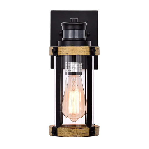 cattleyalighting 1-Light Black and Woodgrain Motion Sensor Dusk To Dawn Outdoor Wall Sconce With Striped Clear Glass