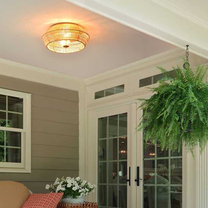 cattleyalighting 2-Light Natural Rattan Outdoor Flush Mount Ceiling Light