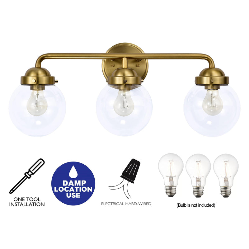 Cattleya Lighting Bathroom Vanity Lighting 3 Light Antique Brass Vanity Light with Globe Clear Glass Shade 708111932820