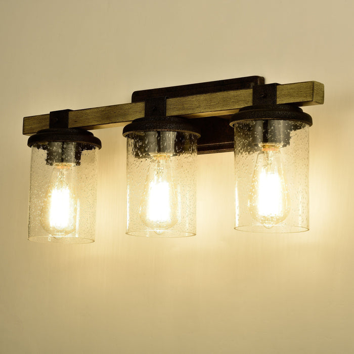 Cattleya Lighting Bathroom Vanity Lighting 3-light Woodgrain and Black Textured Finish Vanity Light Wall Sconce with Clear Seeded Glass 708111932837