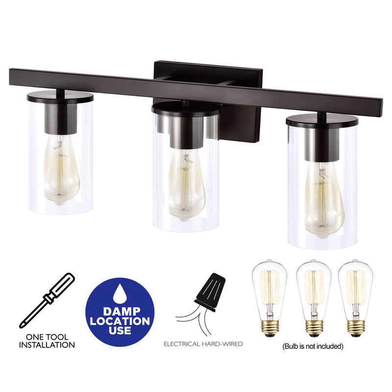 cattleyalighting 3-Light Oil-rubbed Bronze Vanity Light with Clear Glass Shade