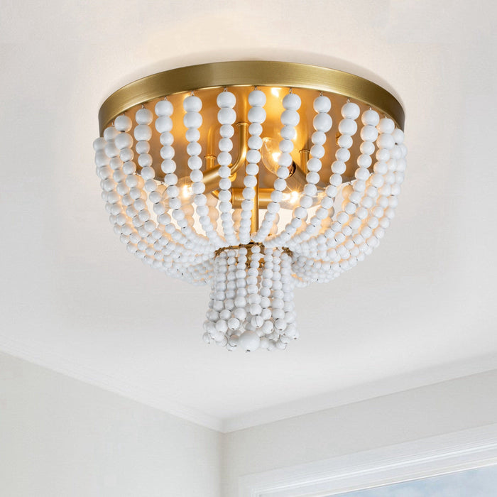 cattleyalighting 3-Light Gold Classic Flush Mount With White Wood Beads