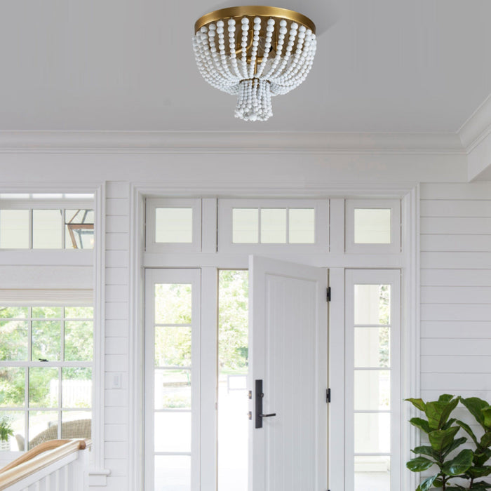 cattleyalighting 3-Light Gold Classic Flush Mount With White Wood Beads