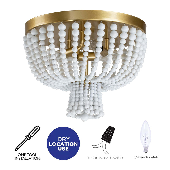 cattleyalighting 3-Light Gold Classic Flush Mount With White Wood Beads