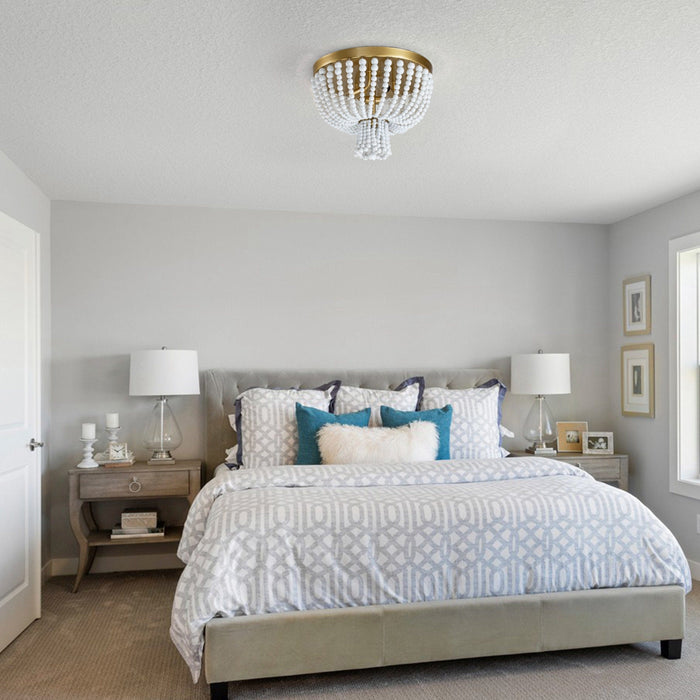 cattleyalighting 3-Light Gold Classic Flush Mount With White Wood Beads